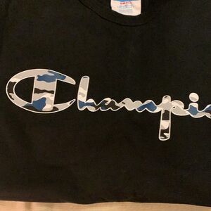 Champion Black Tee with Blue and Gray Camo Logo